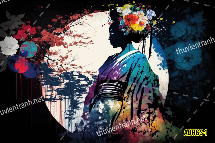 Tranh dán tường hoa cô gái Geisha Nhật Bản-ADHGS-1 - Tranh tường chất lượng cao